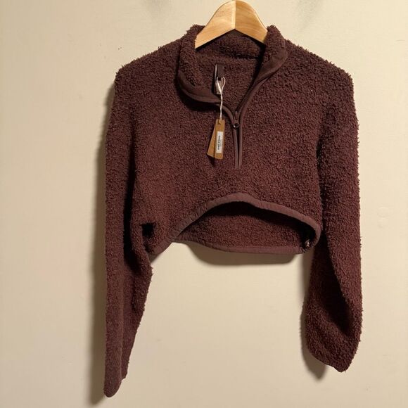 NWT SKIMS Garnet Cozy Knit Sherpa Teddy Cropped Pullover Half Zip Up Size XXS/XS - Picture 4 of 10
